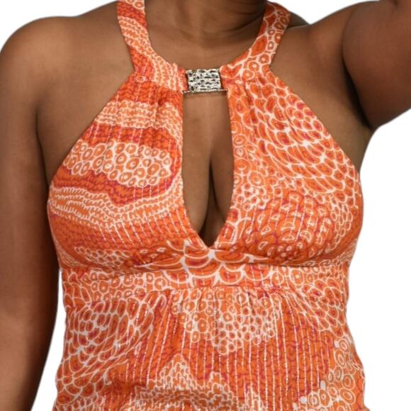 Trina Turk Halter Top Orange Metallic Tunic Keyhole Plunge Retro Y2K Size 6 - Picture 2 of 15